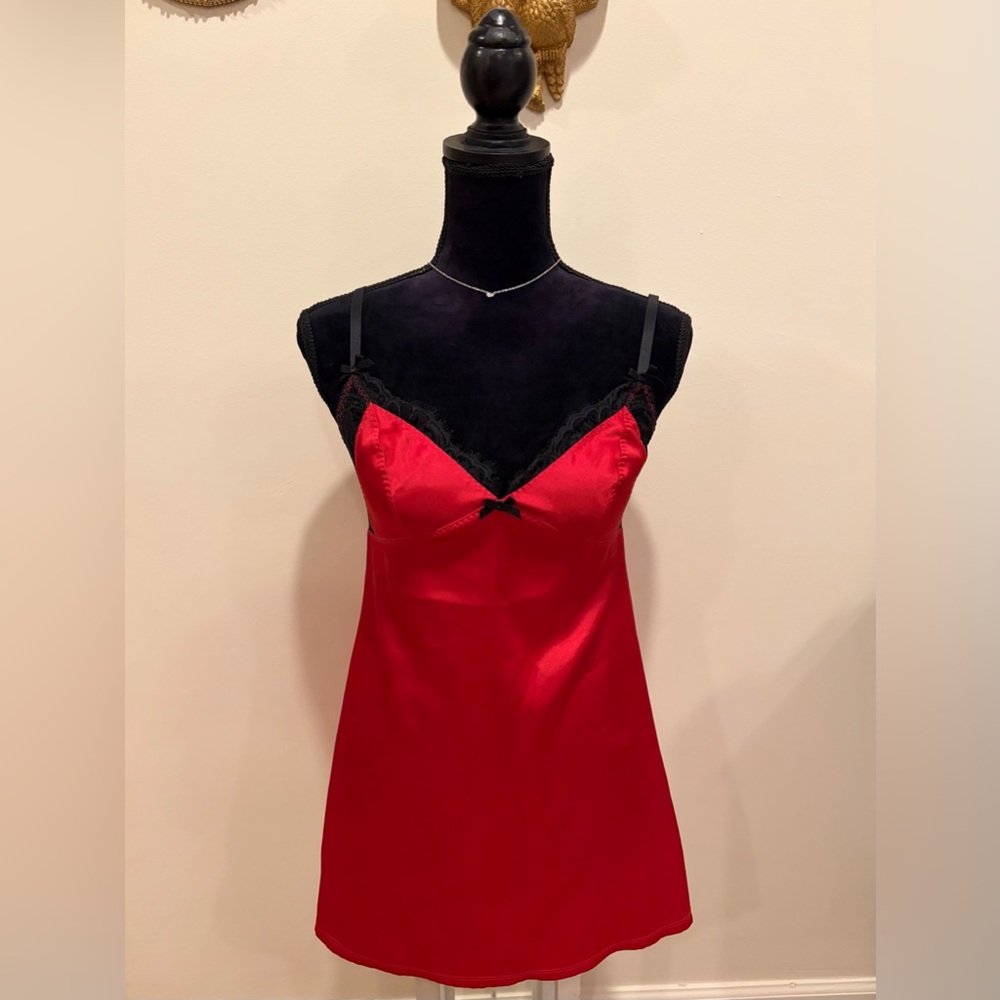 Victoria's Secret Red Satin Chemise with Black Lace